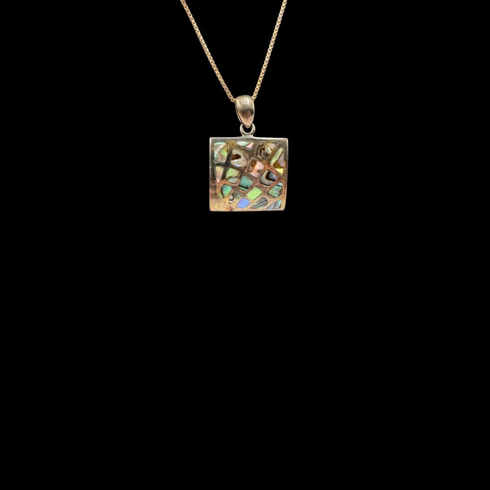 Vtg Abalone Shell Mosaic Square Pendant Sterling Silver Gold Tone Necklace Sea - Picture 11 of 16